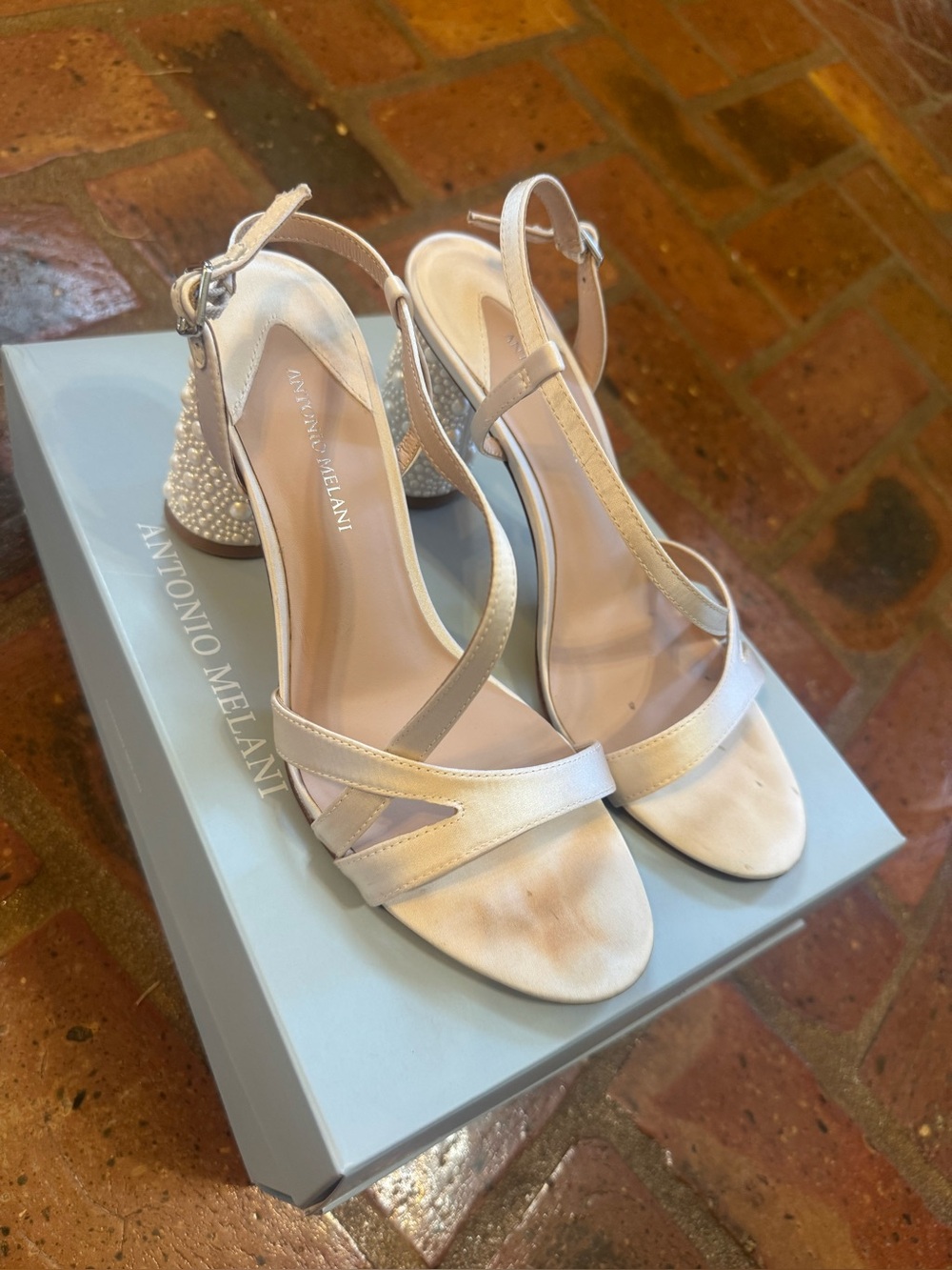 ANTONIO MELANI Pearl-Embellished Strappy Heels in Light Champagne
